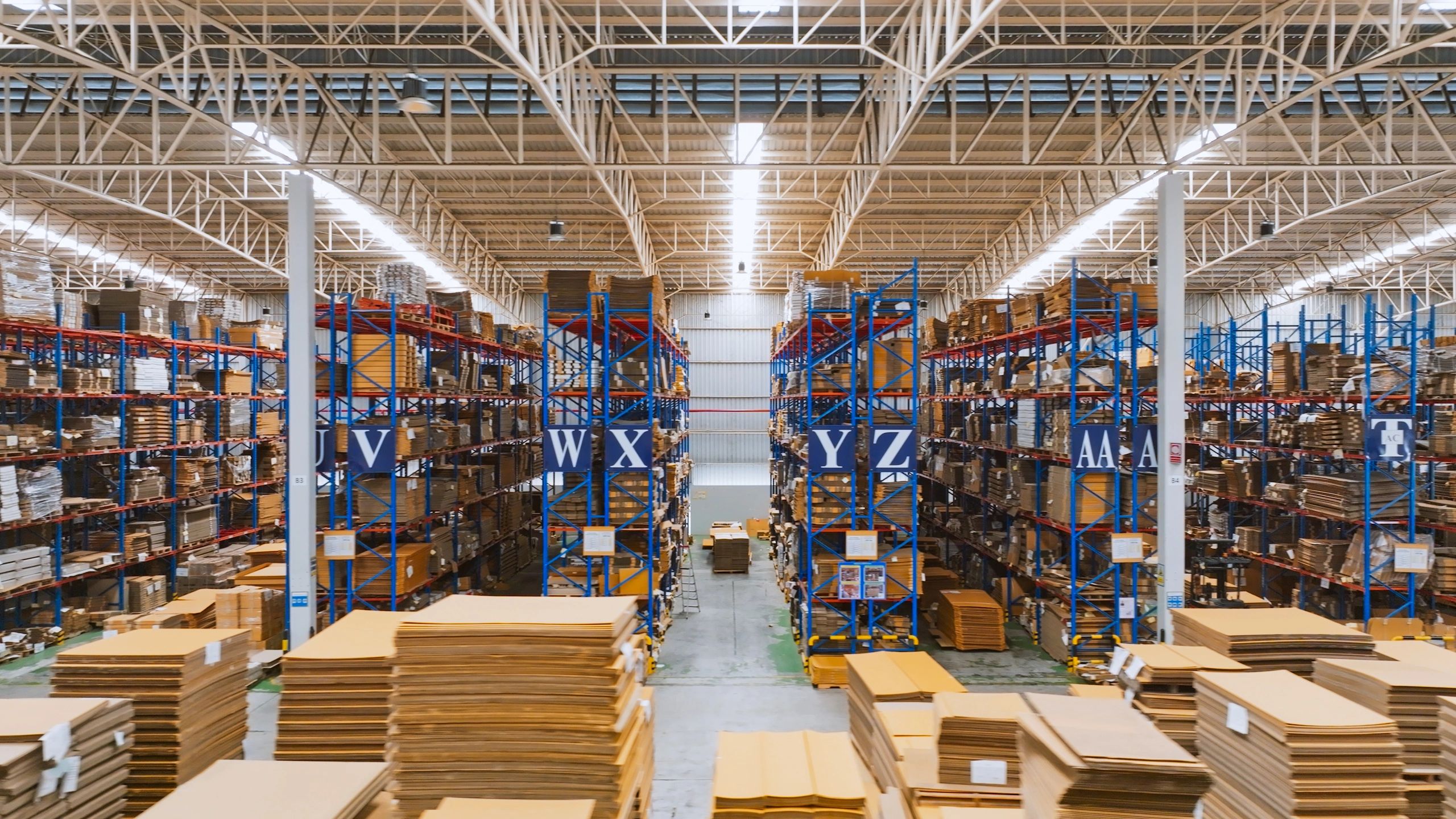 Boxed merchandise on warehouse shelving
